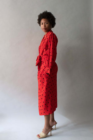 Saint Laurent Red and Black Silk Polka Dot Dress