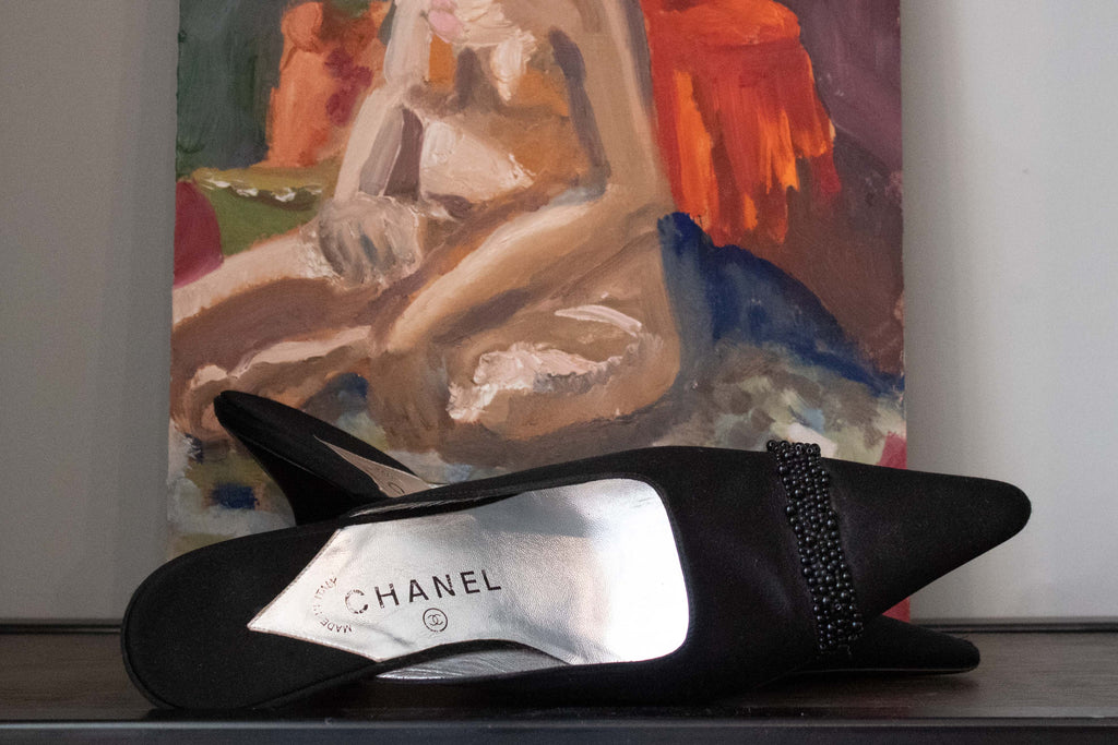 Chanel Black Satin Beaded Mules