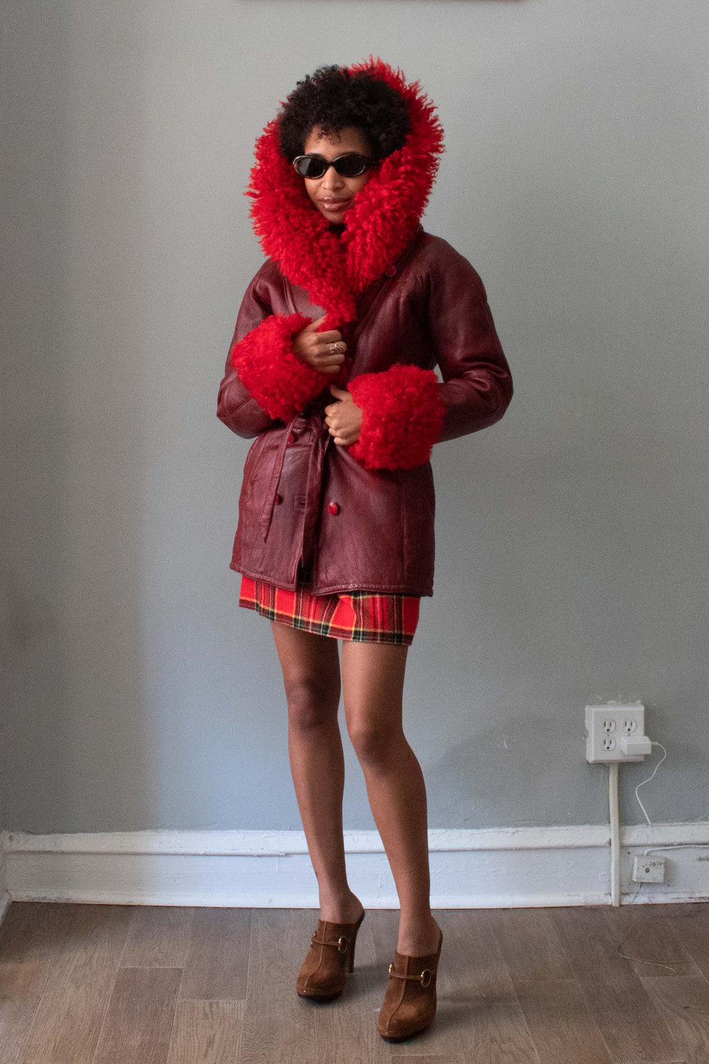 Vintage Red Shearling Lined Leather Jacket