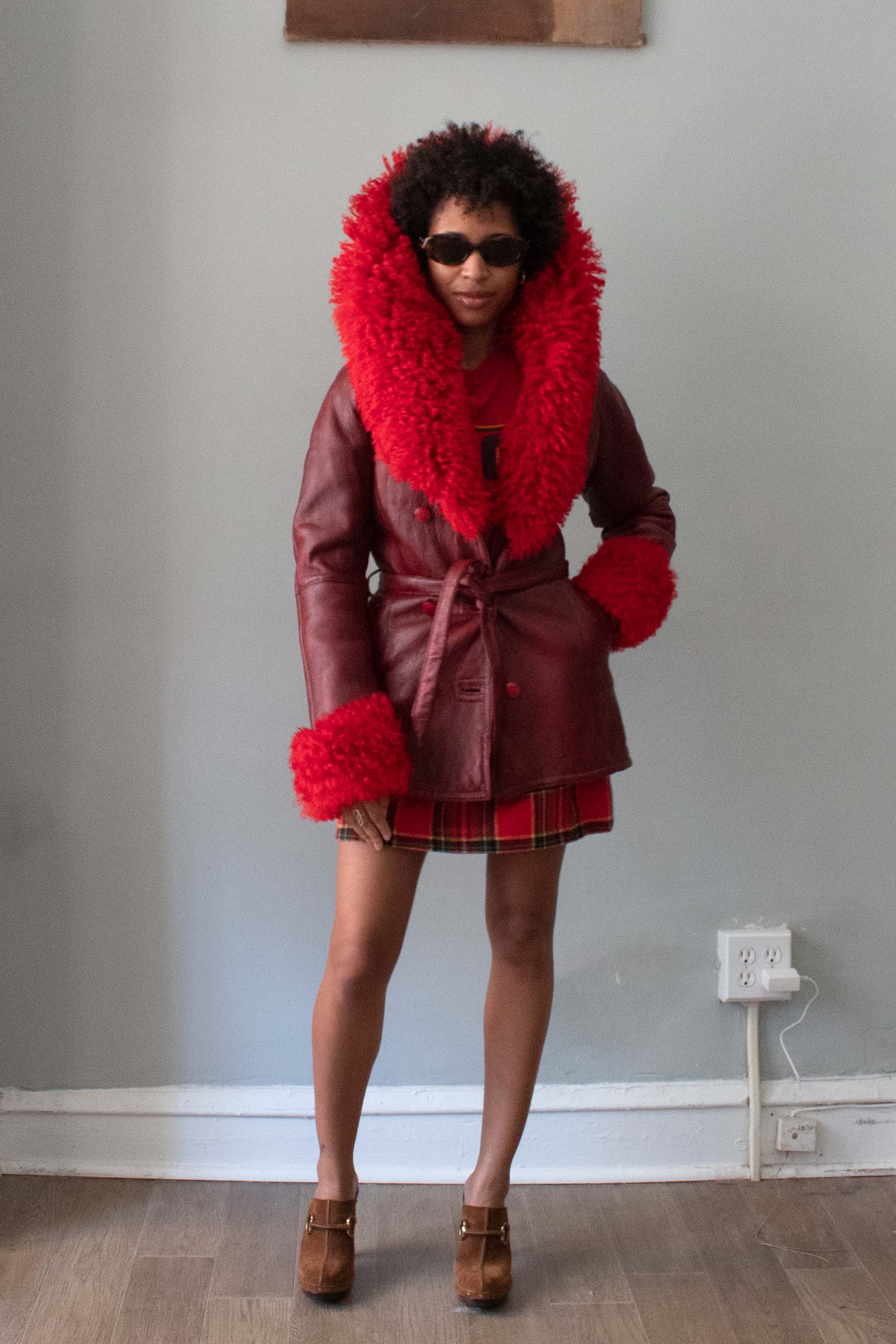 Vintage Red Shearling Lined Leather Jacket