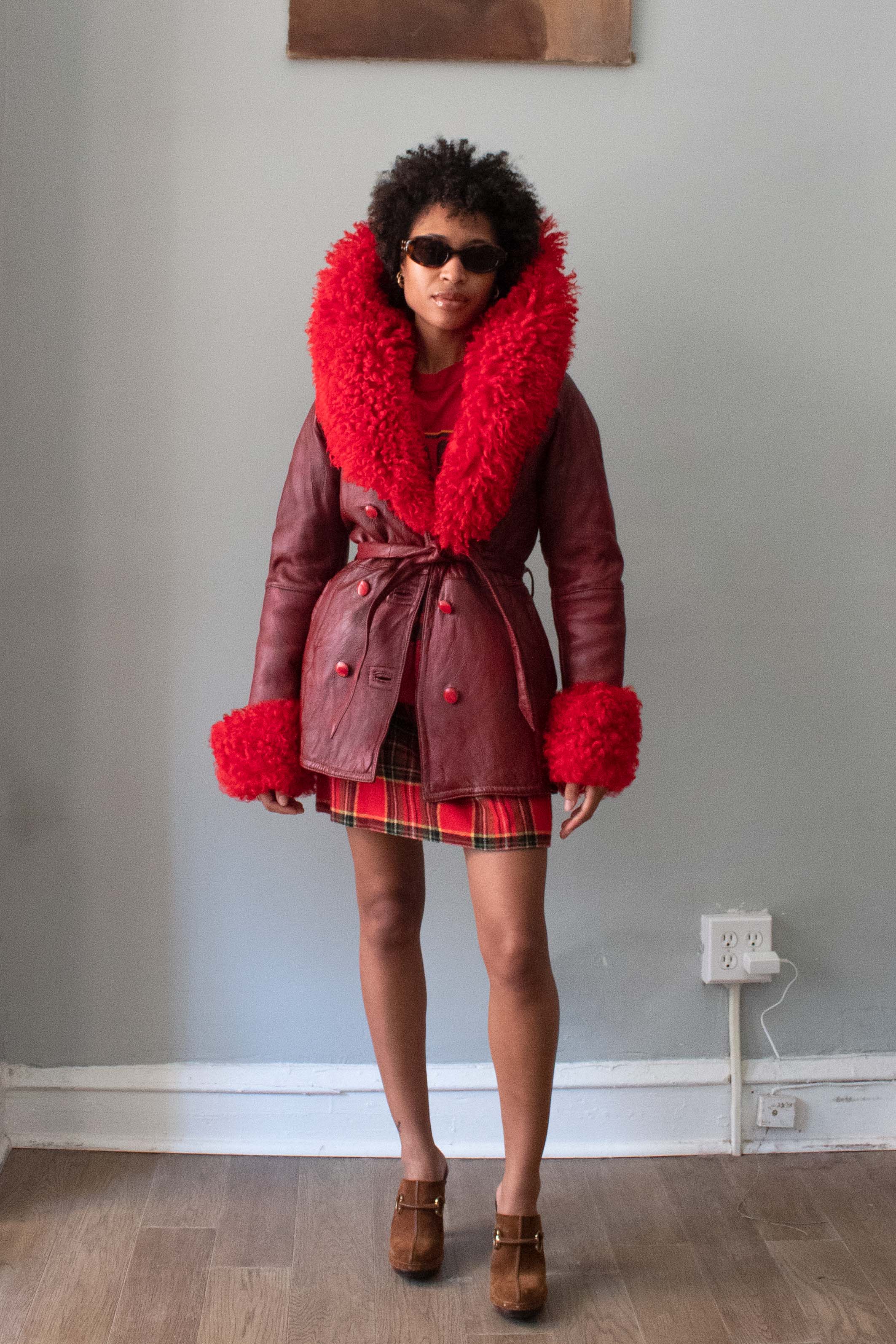 Vintage Red Shearling Lined Leather Jacket