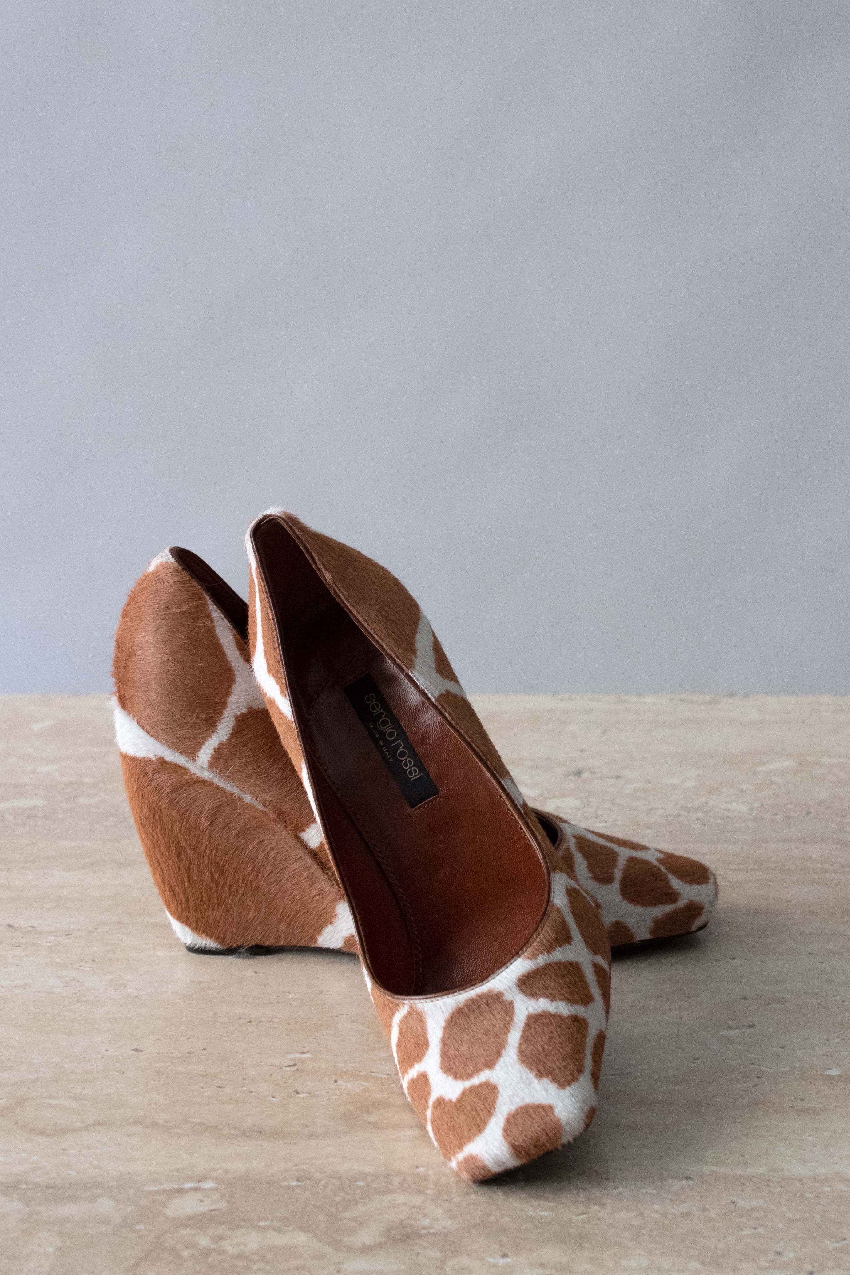 Sergio Rossi Cow Print Ponyhair Wedges