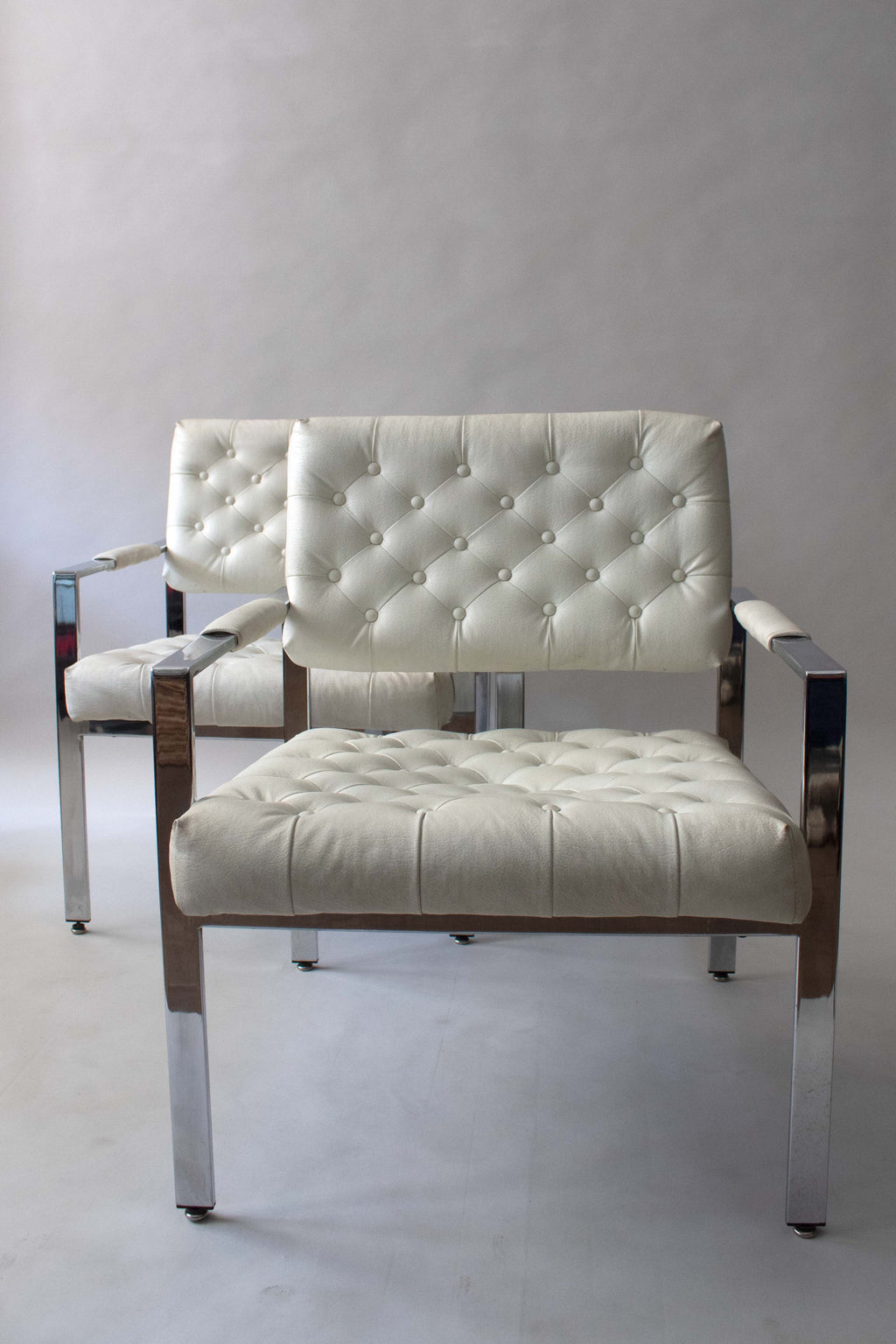 Milo Baughman for Thayer Coggin Tufted White Leather Lounge Chair Pair