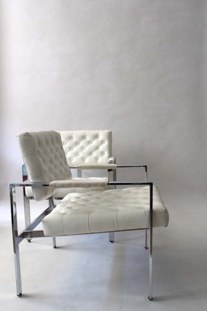 Milo Baughman for Thayer Coggin Tufted White Leather Lounge Chair Pair