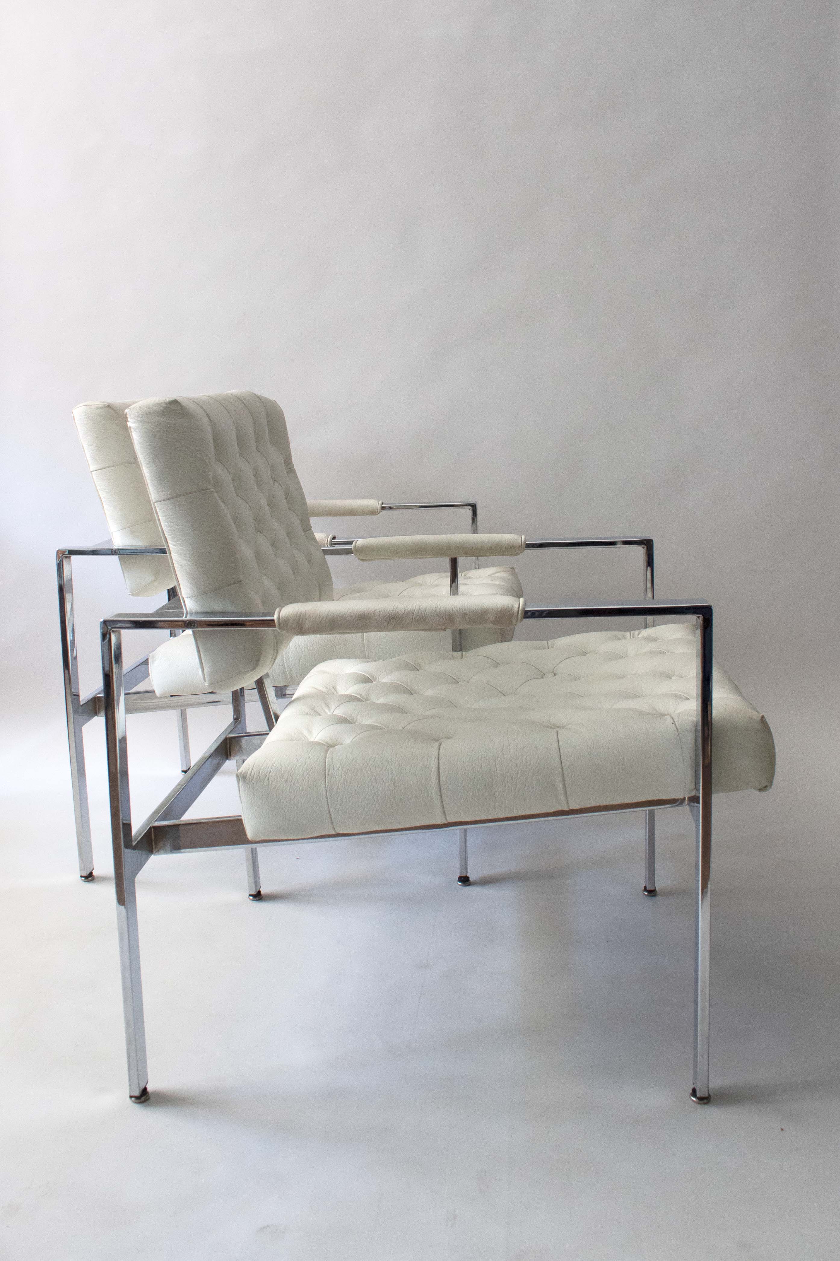 Milo Baughman for Thayer Coggin Tufted White Leather Lounge Chair Pair