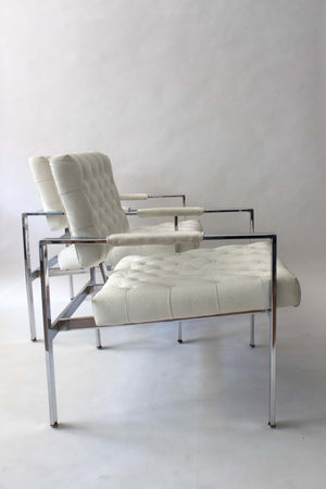 Milo Baughman for Thayer Coggin Tufted White Leather Lounge Chair Pair