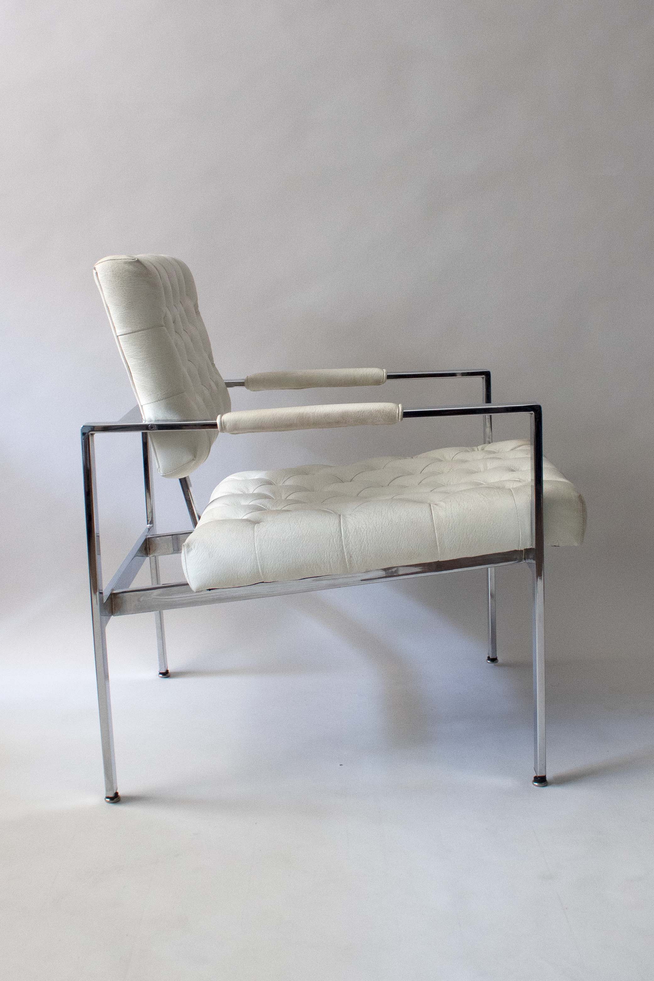 Milo Baughman for Thayer Coggin Tufted White Leather Lounge Chair Pair