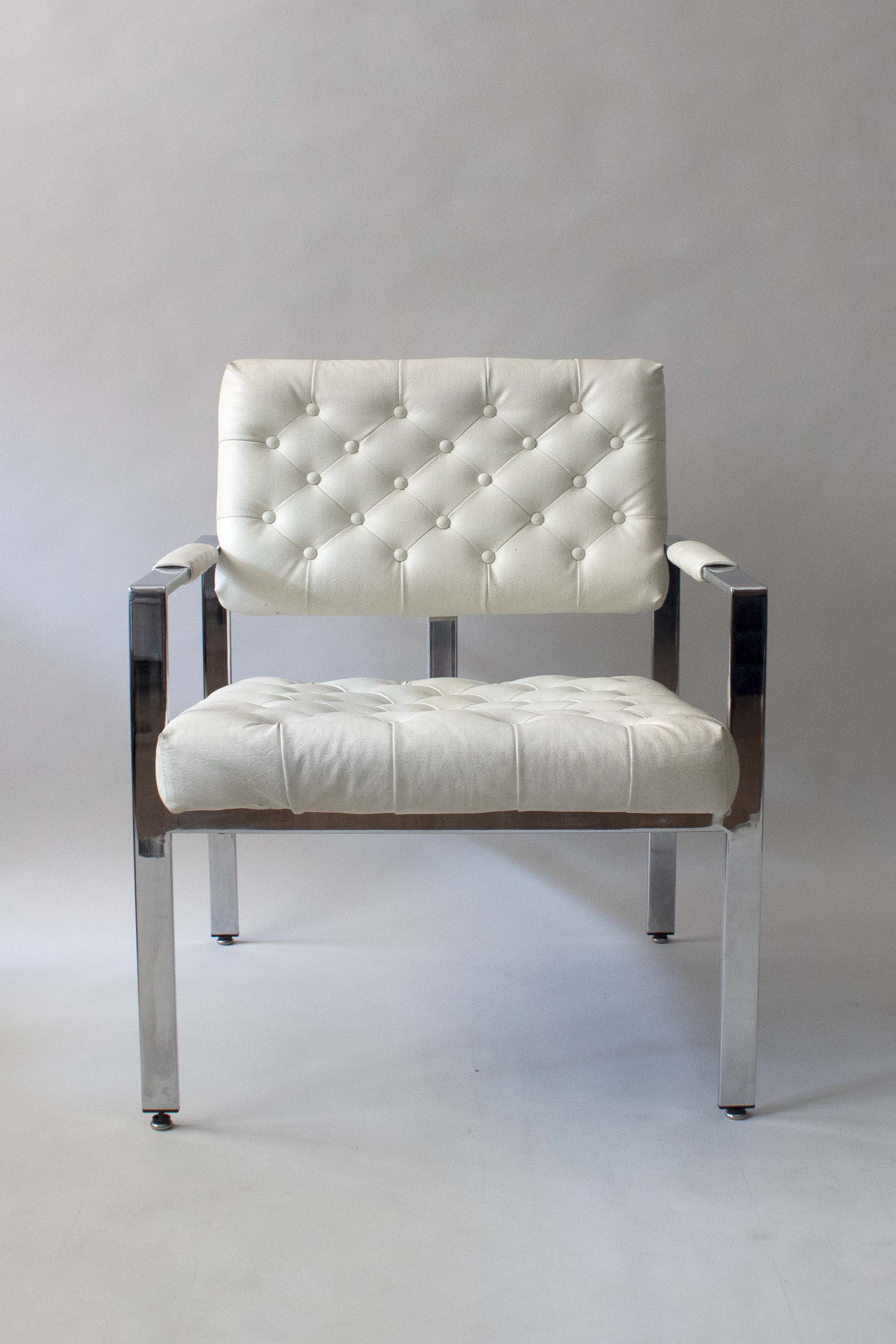 Milo Baughman for Thayer Coggin Tufted White Leather Lounge Chair Pair