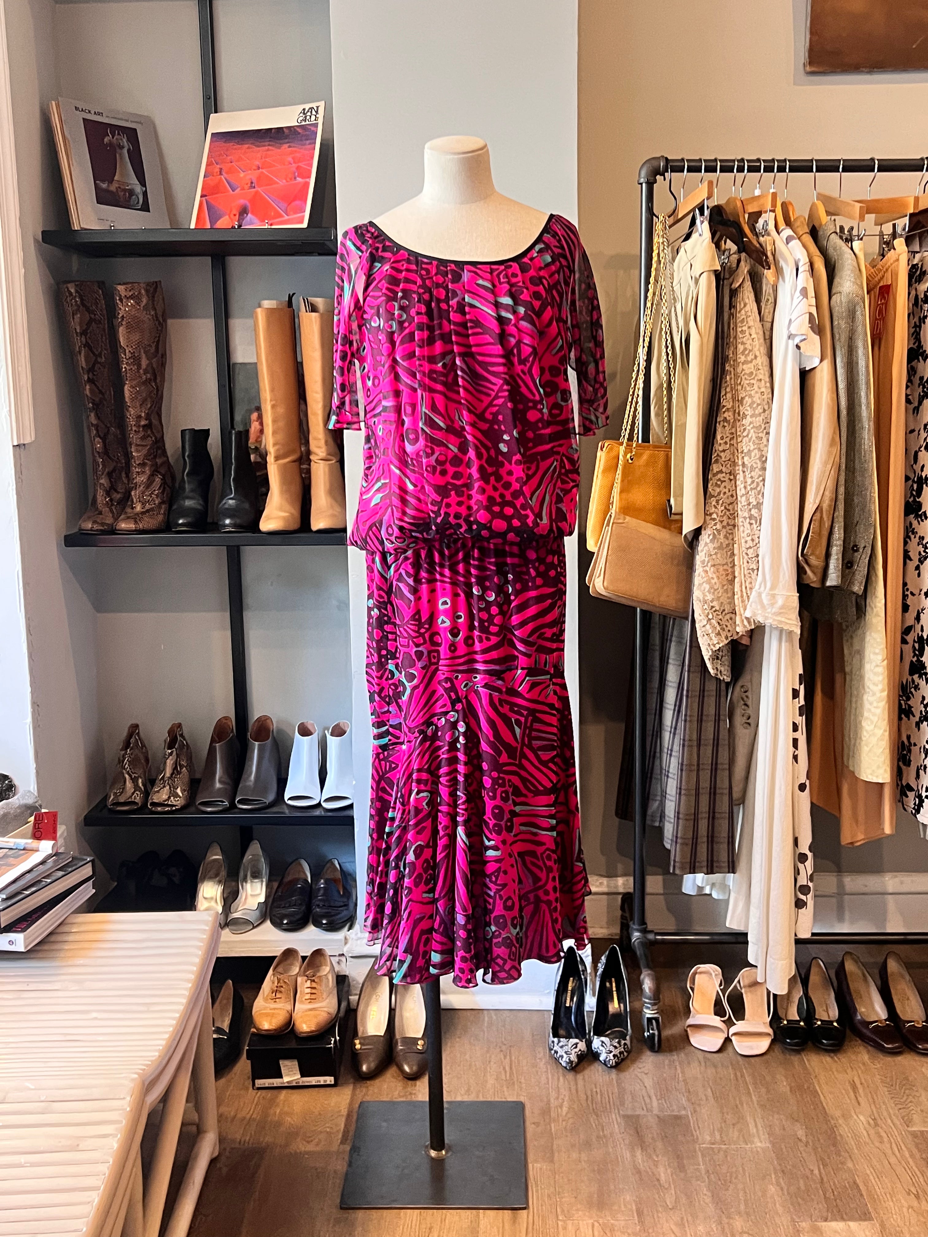 Vintage 1980s Purple Animal Print Cap Sleeve Dress