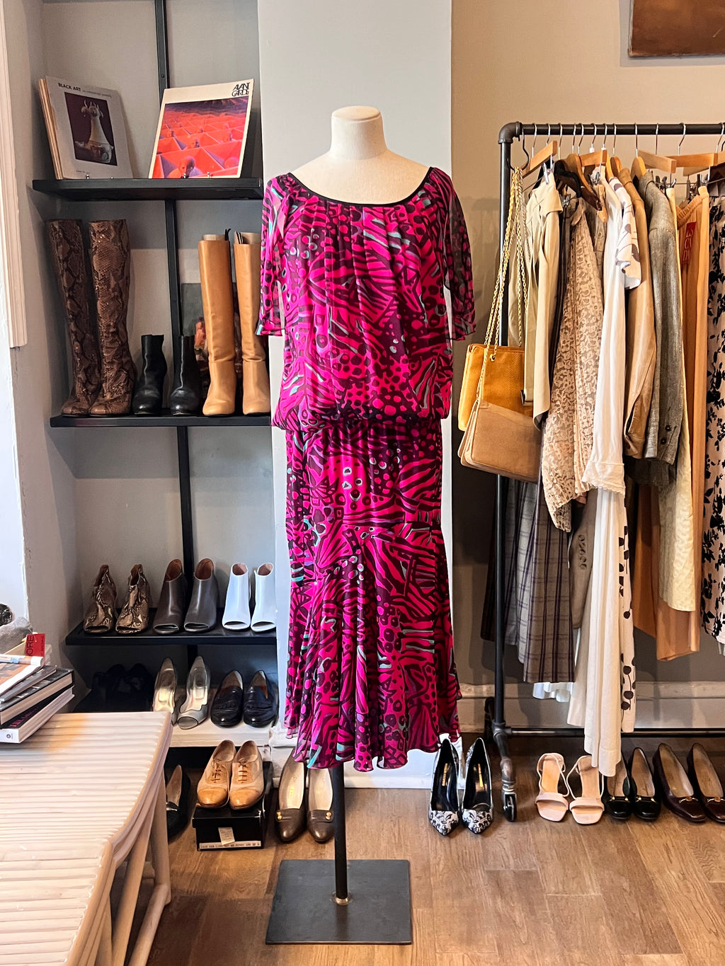 Vintage 1980s Purple Animal Print Cap Sleeve Dress