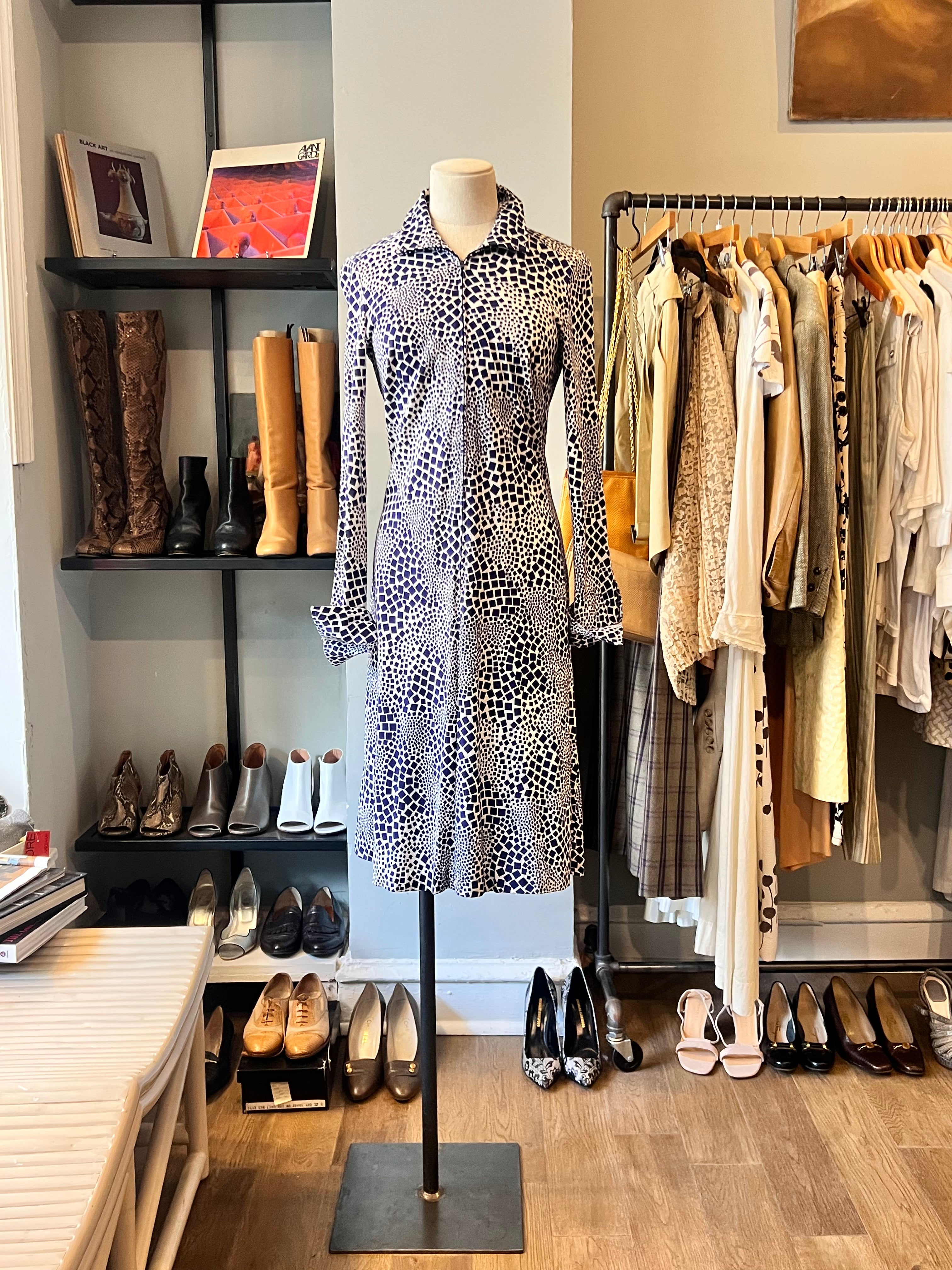 Diane Von Furstenberg Blue Abstract Jersey Zip Dress