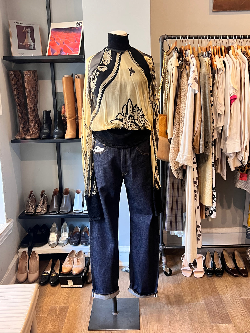 Jean Paul Gaultier Printed Silk Blouse w/ Knit Collar