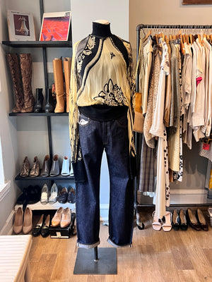 Jean Paul Gaultier Printed Silk Blouse w/ Knit Collar