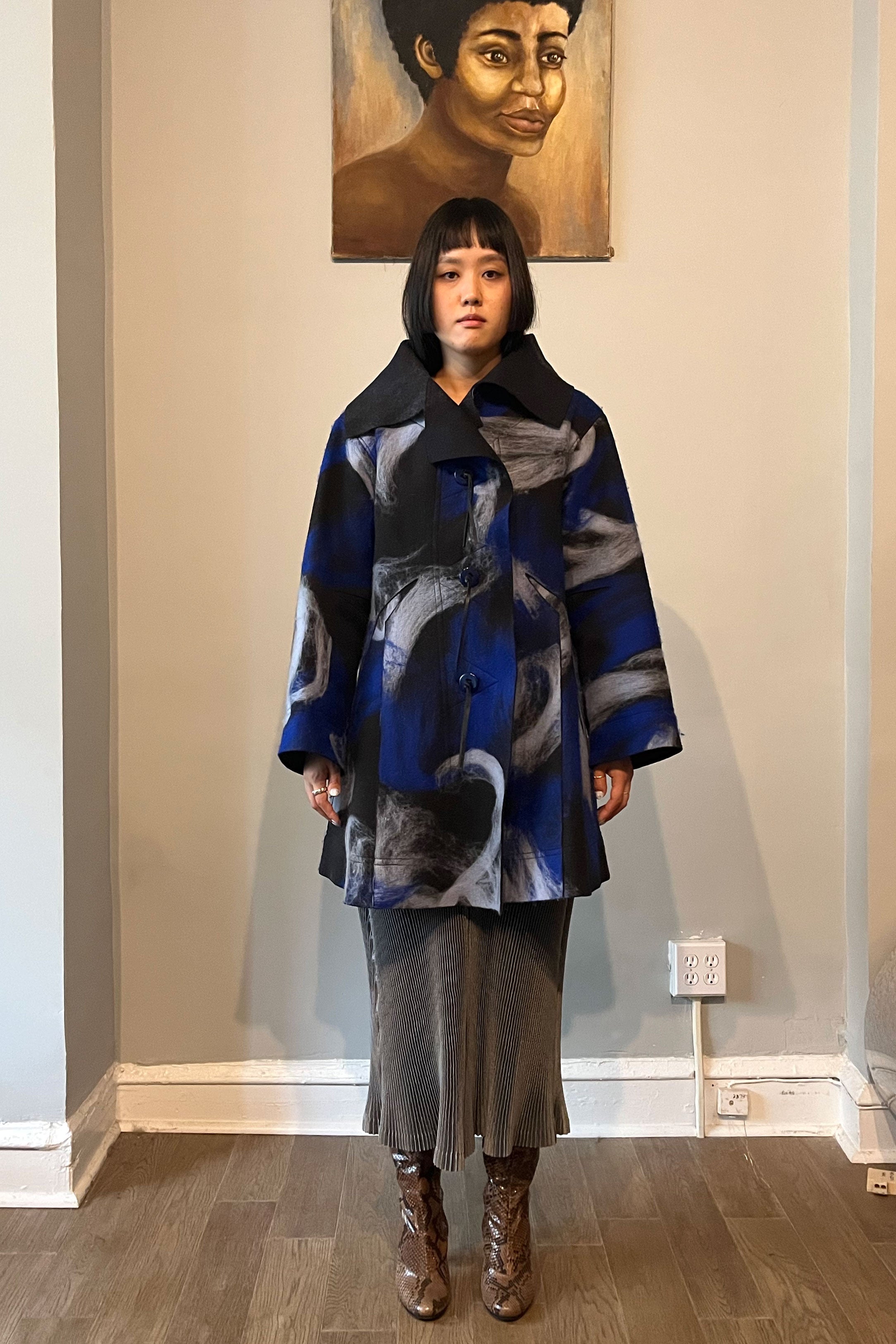 Issey Miyake Blue Marbled Wool Felt Coat