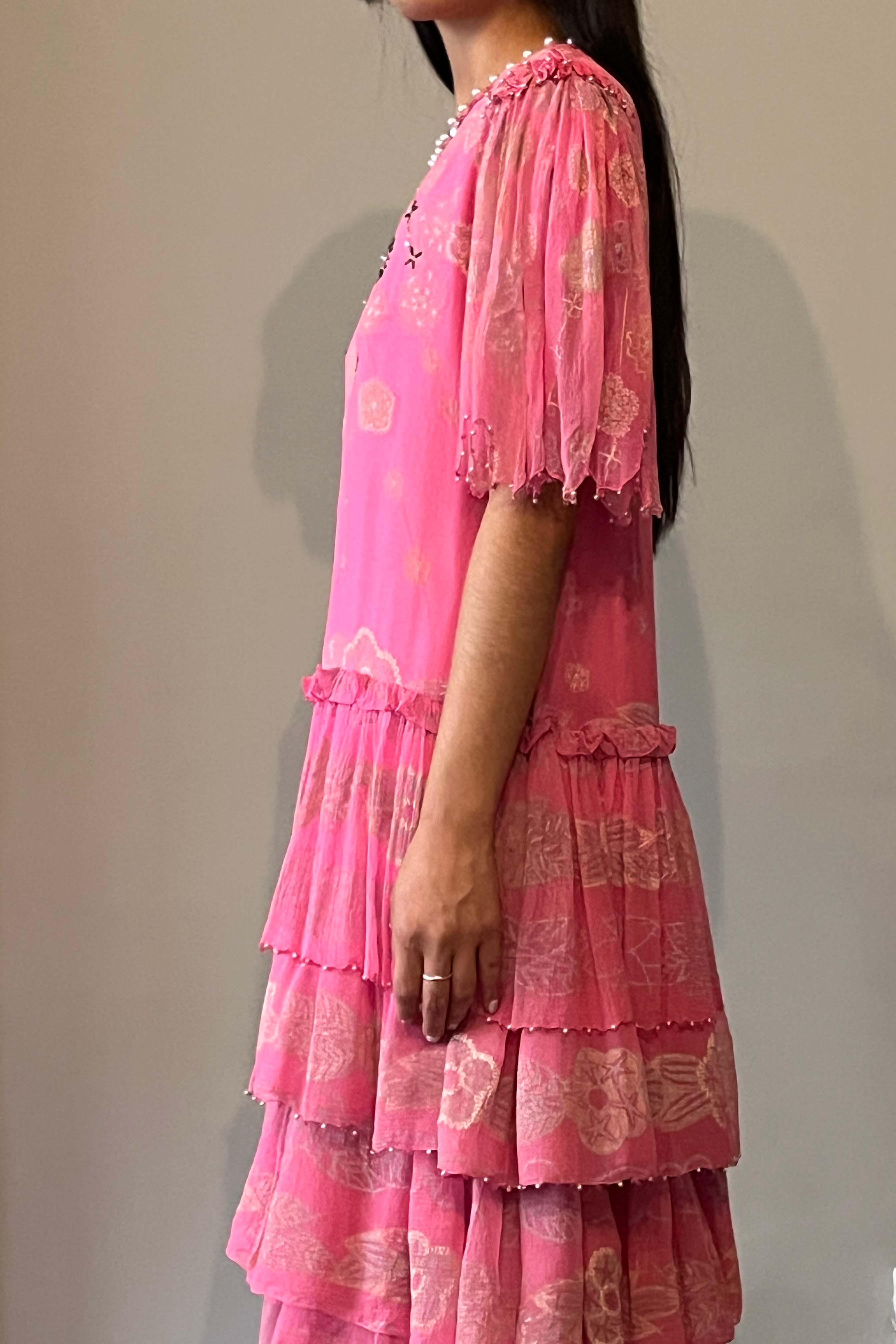 Zandra Rhodes Pink Tierred Painted Silk Dress