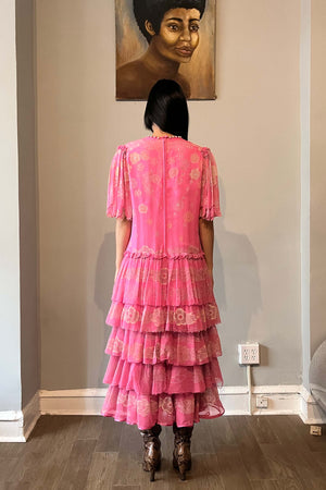 Zandra Rhodes Pink Tierred Painted Silk Dress