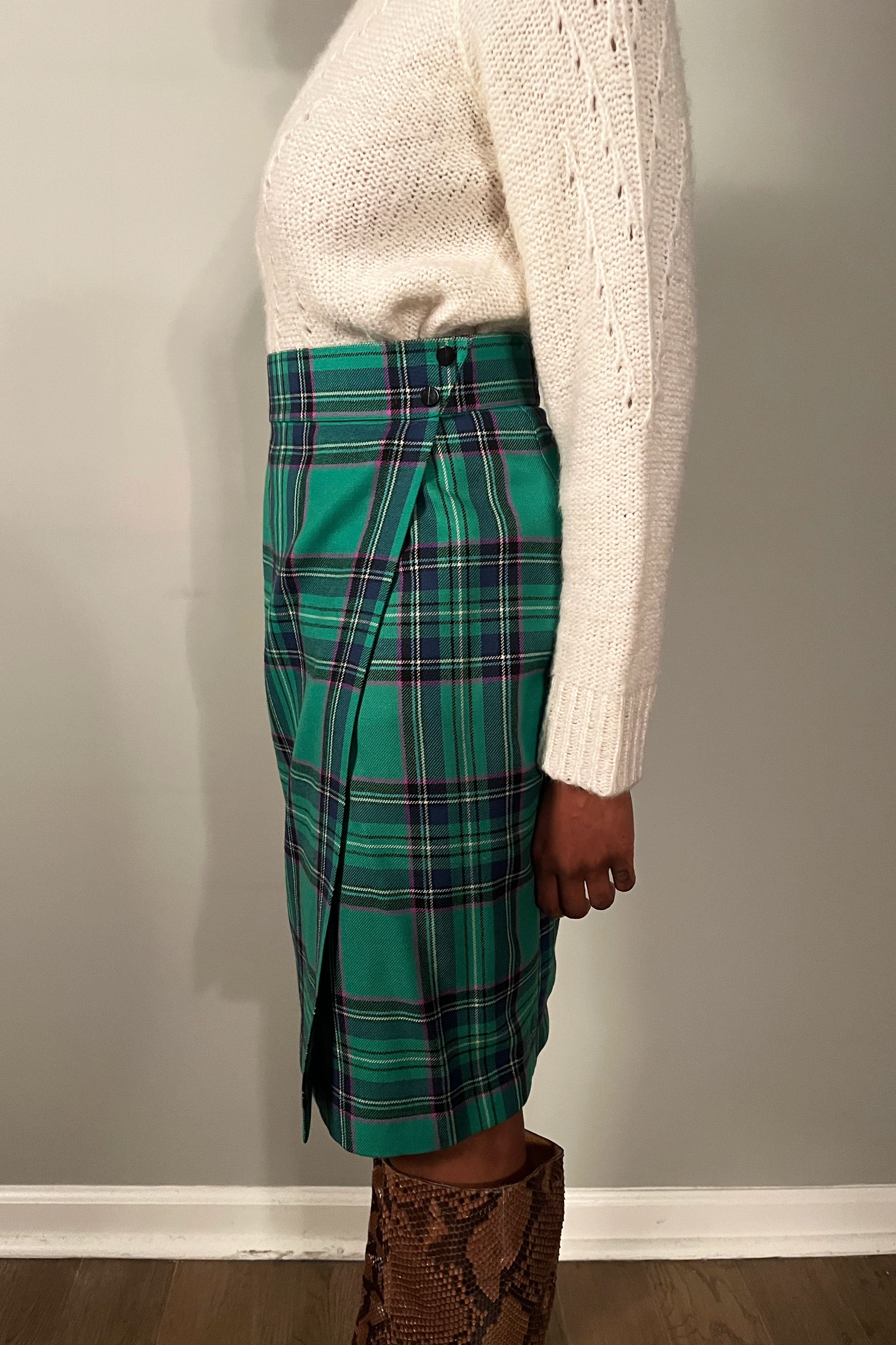 Thierry Mugler Green Wool Plaid Skirt