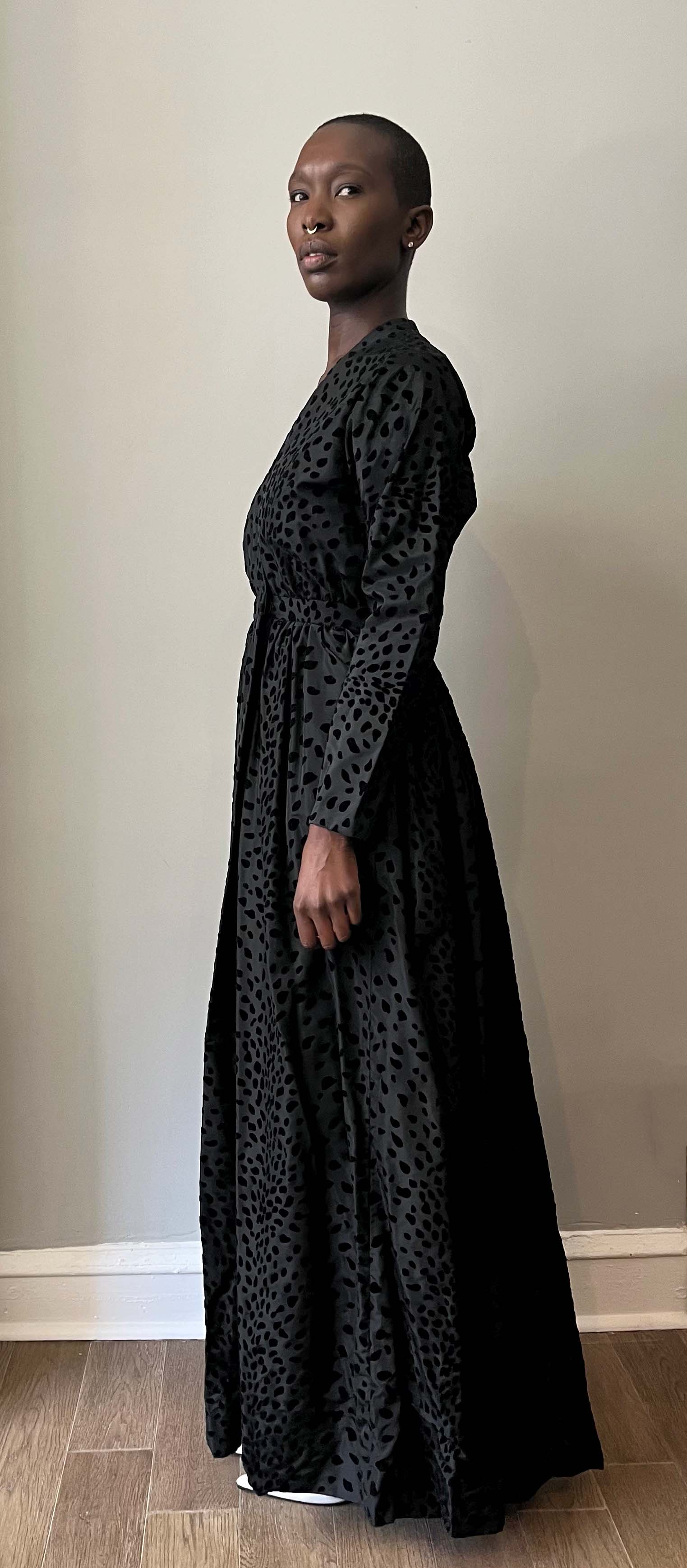 Attrib. Pauline Trigere black velvet flecked taffeta gown/duster