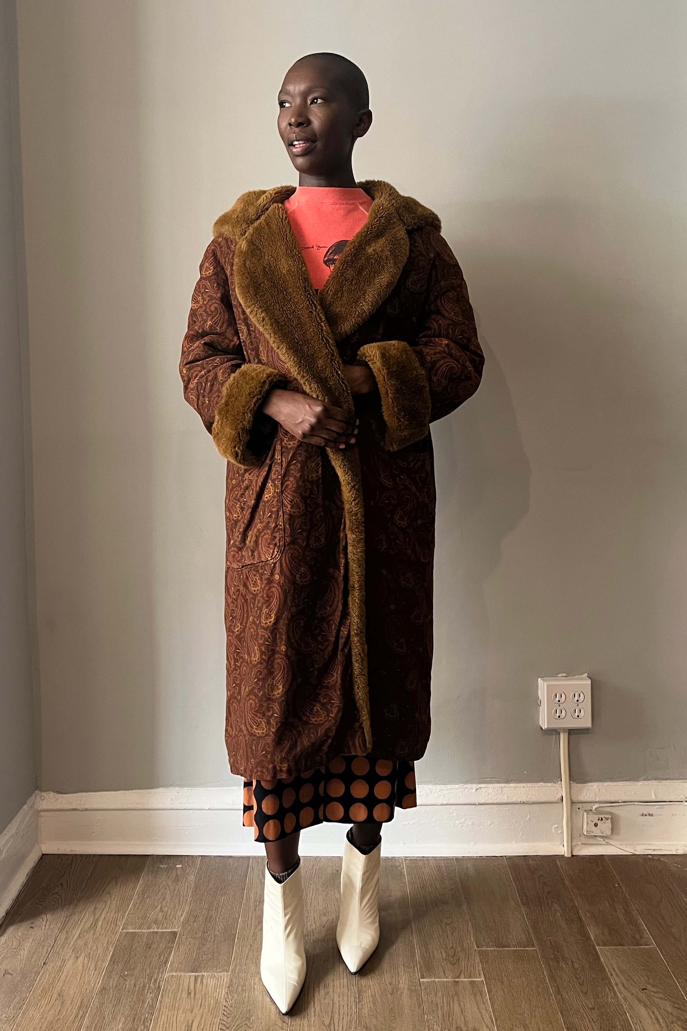 Byblos Brown Paisley Faux Fur Lined Coat