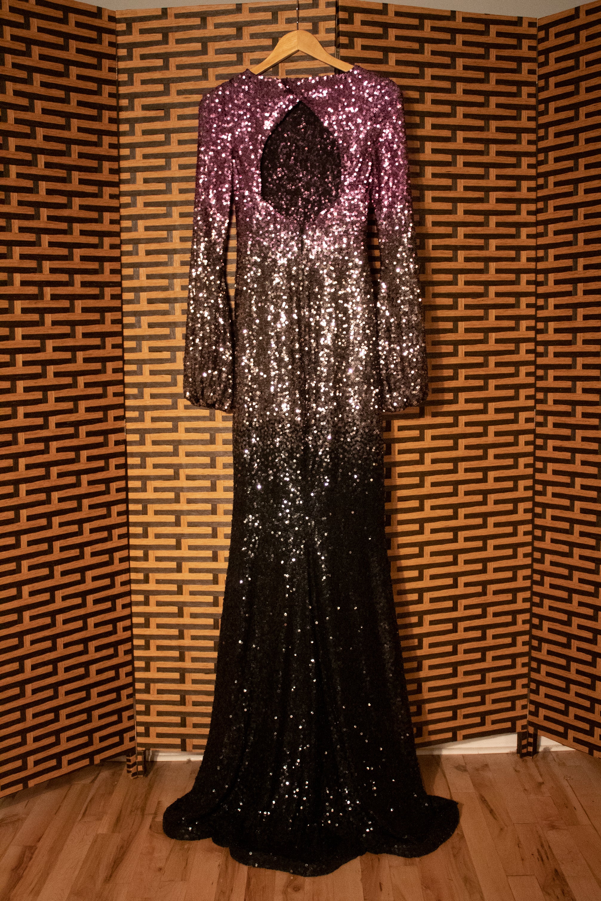 Ombre sequin bell sleeve silk gown