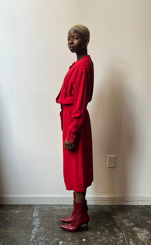 Chanel red silk pleated back dress
