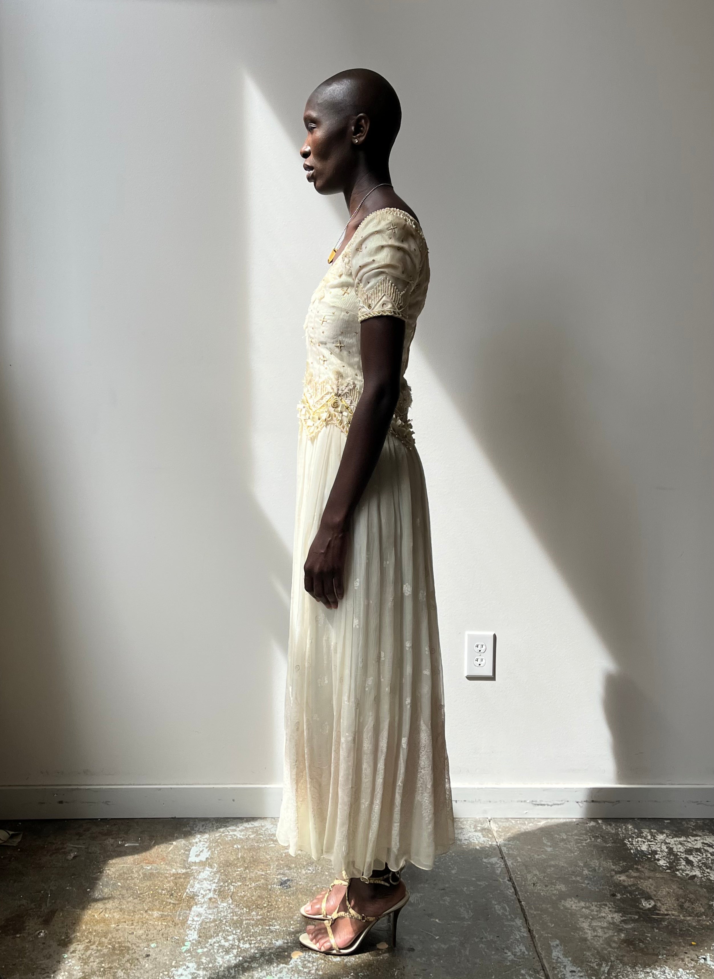 Zandra Rhodes Off-White Silk Blend Evening Gown