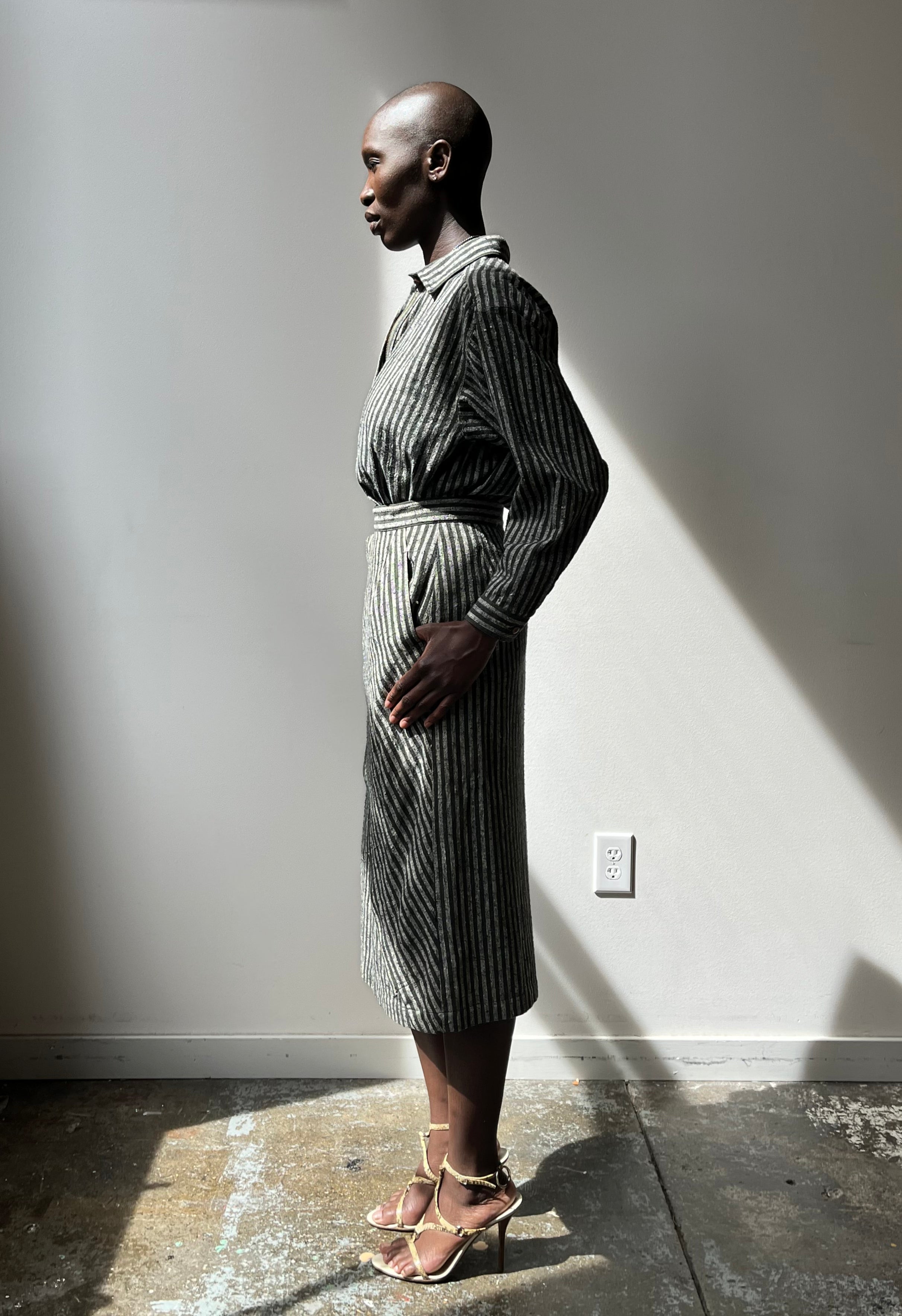 Issey Miyake Olive and Grey Striped Cotton Skirt Set – Moore