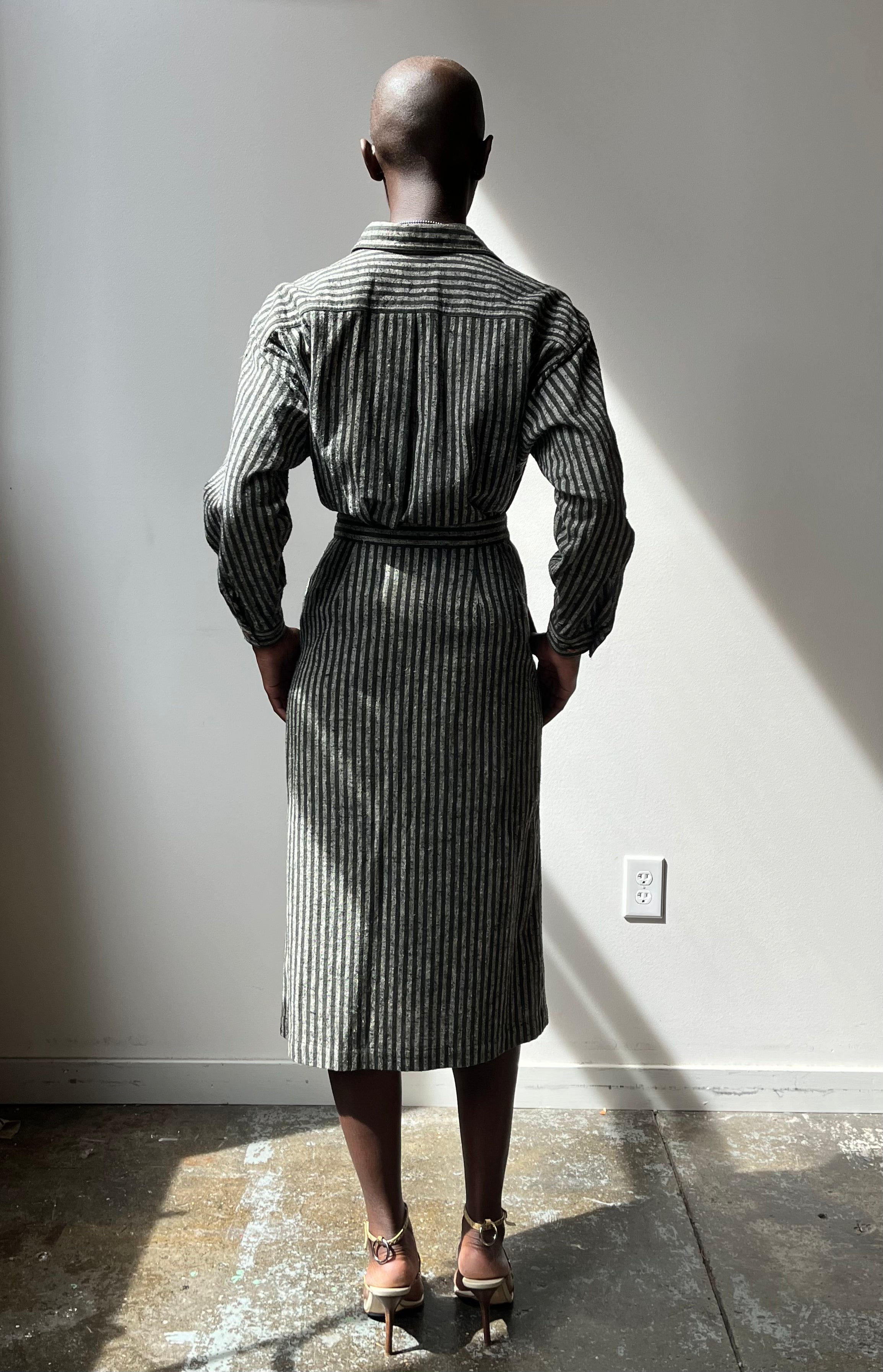 Issey Miyake Olive and Grey Striped Cotton Skirt Set – Moore