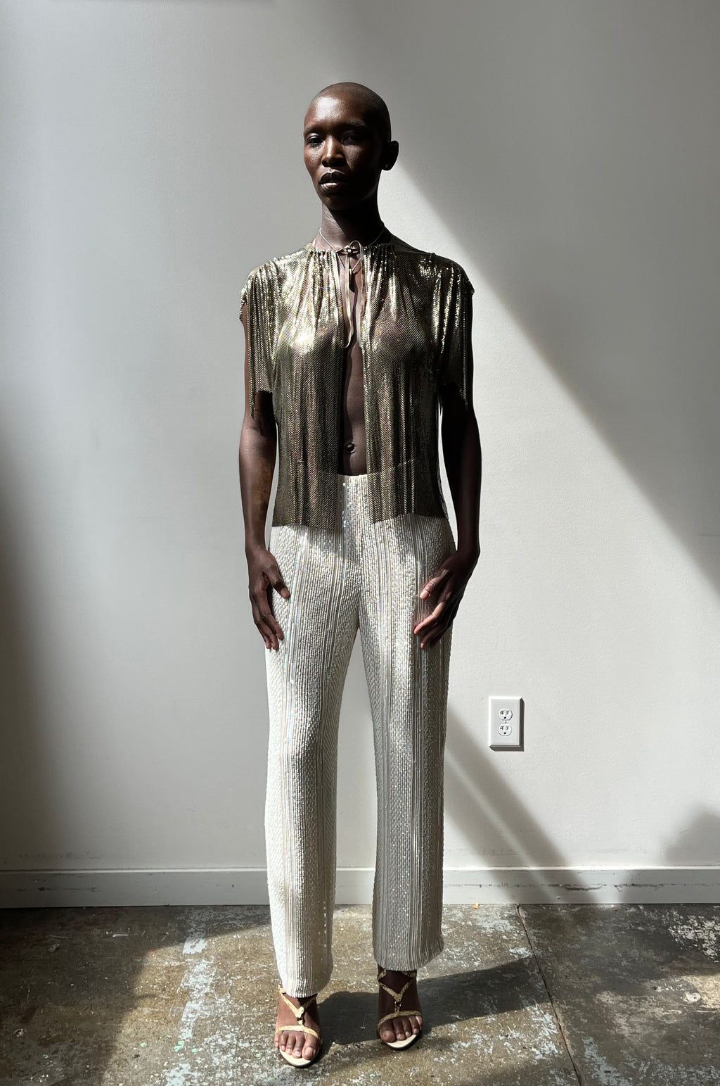 Bill Blass cream silk heavily embellished trousers
