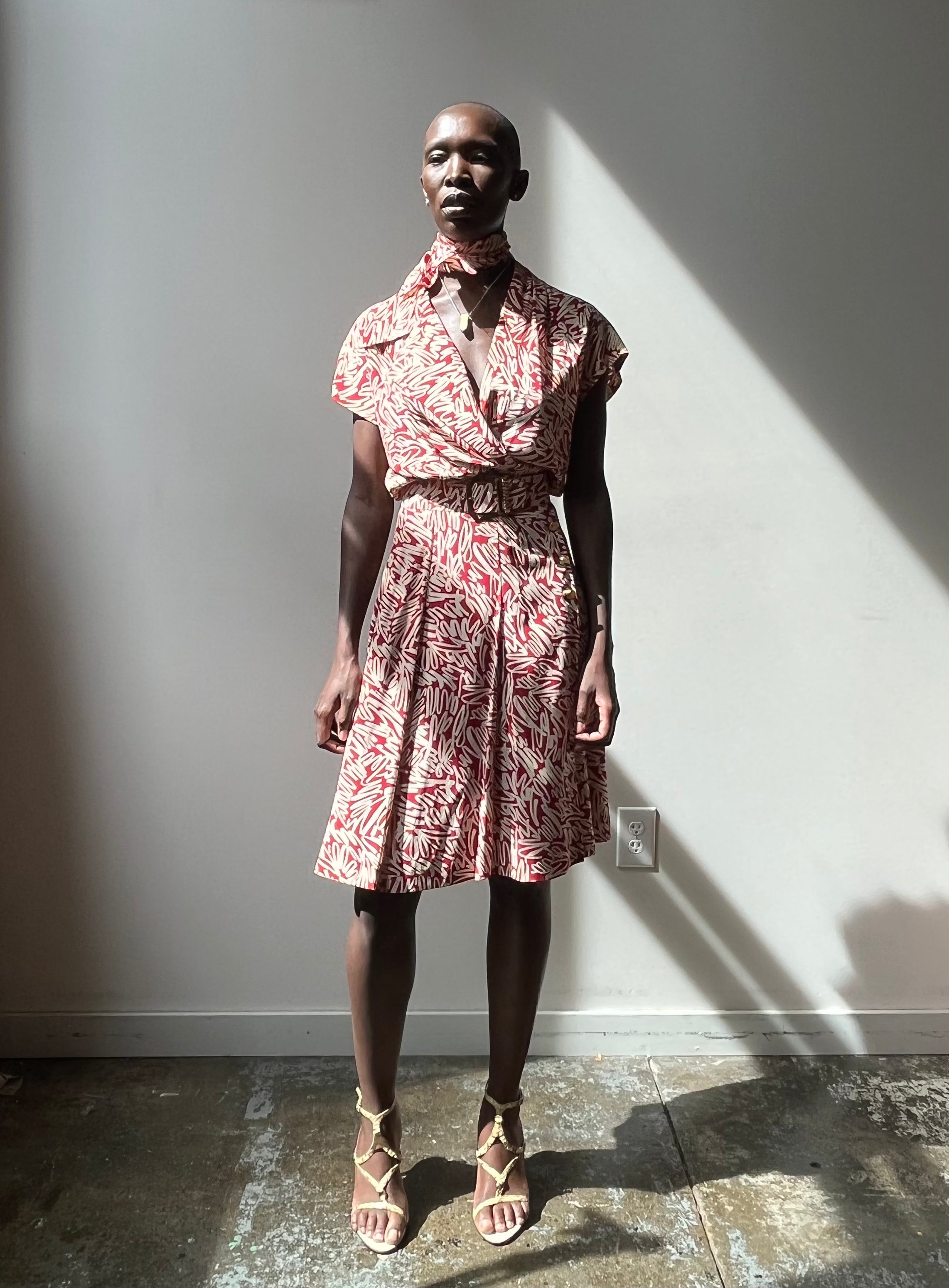 Chanel red silk cursive print dress Moore Vintage Archive