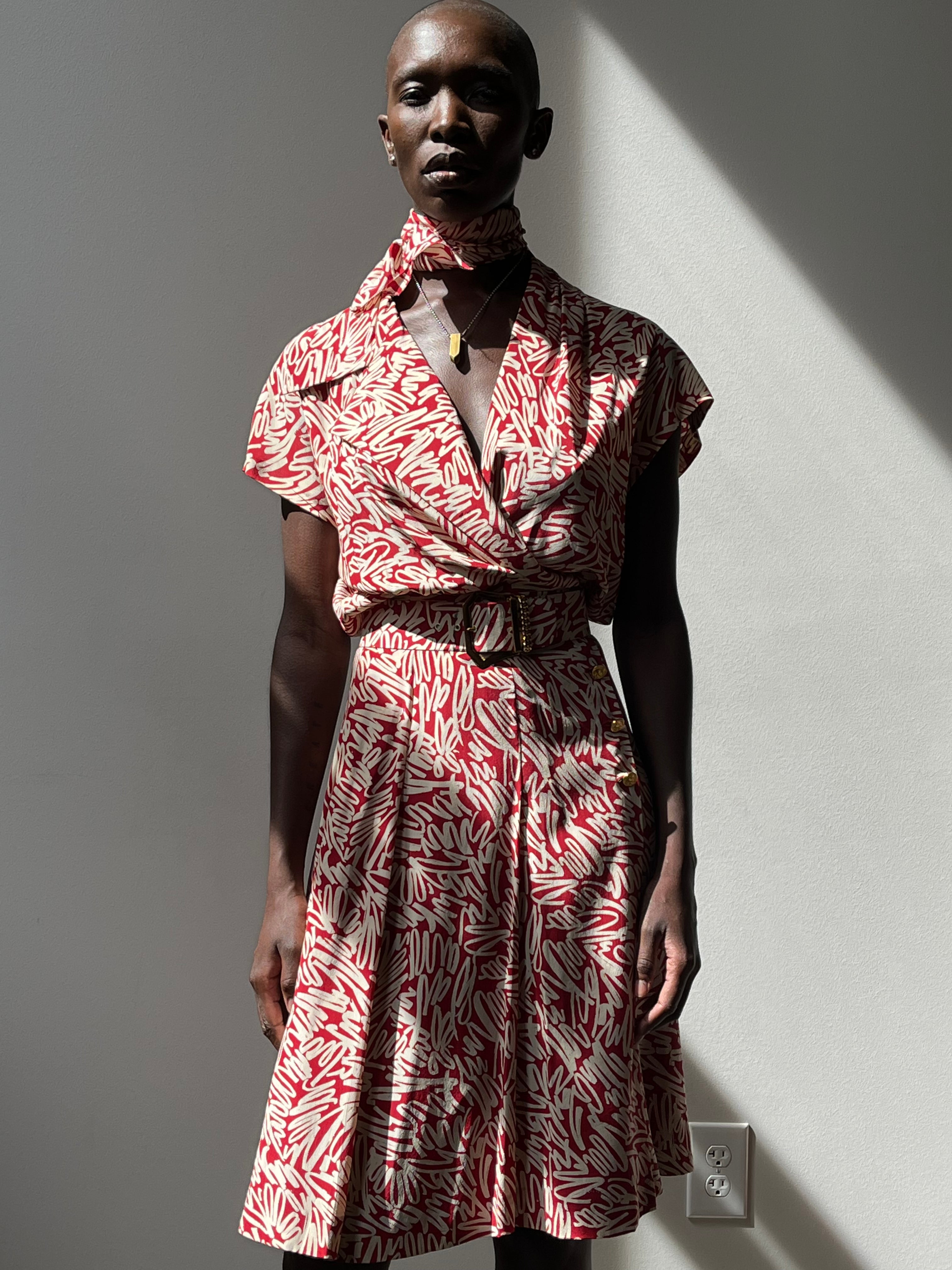 Chanel red silk cursive print dress
