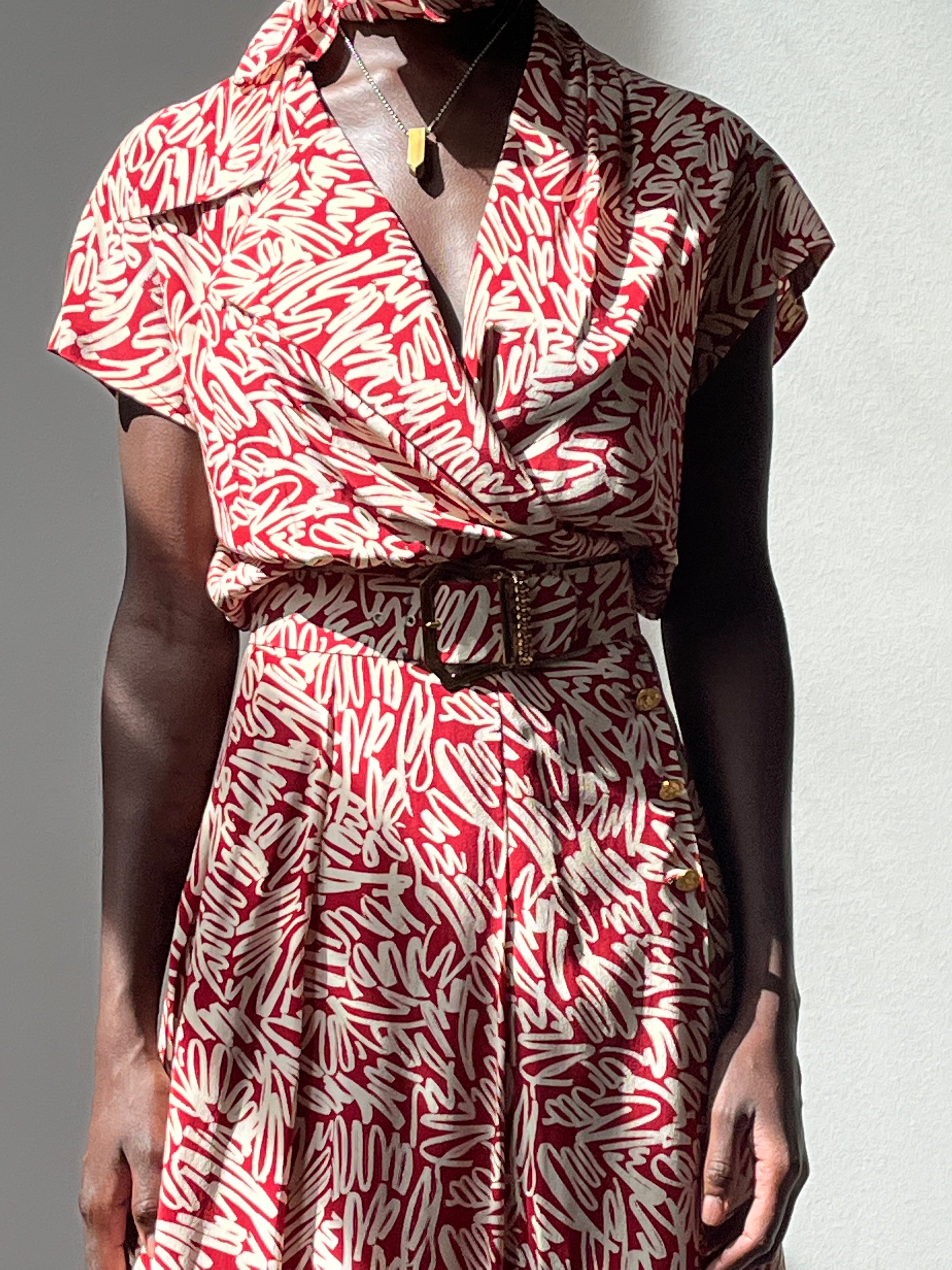 Chanel red silk cursive print dress