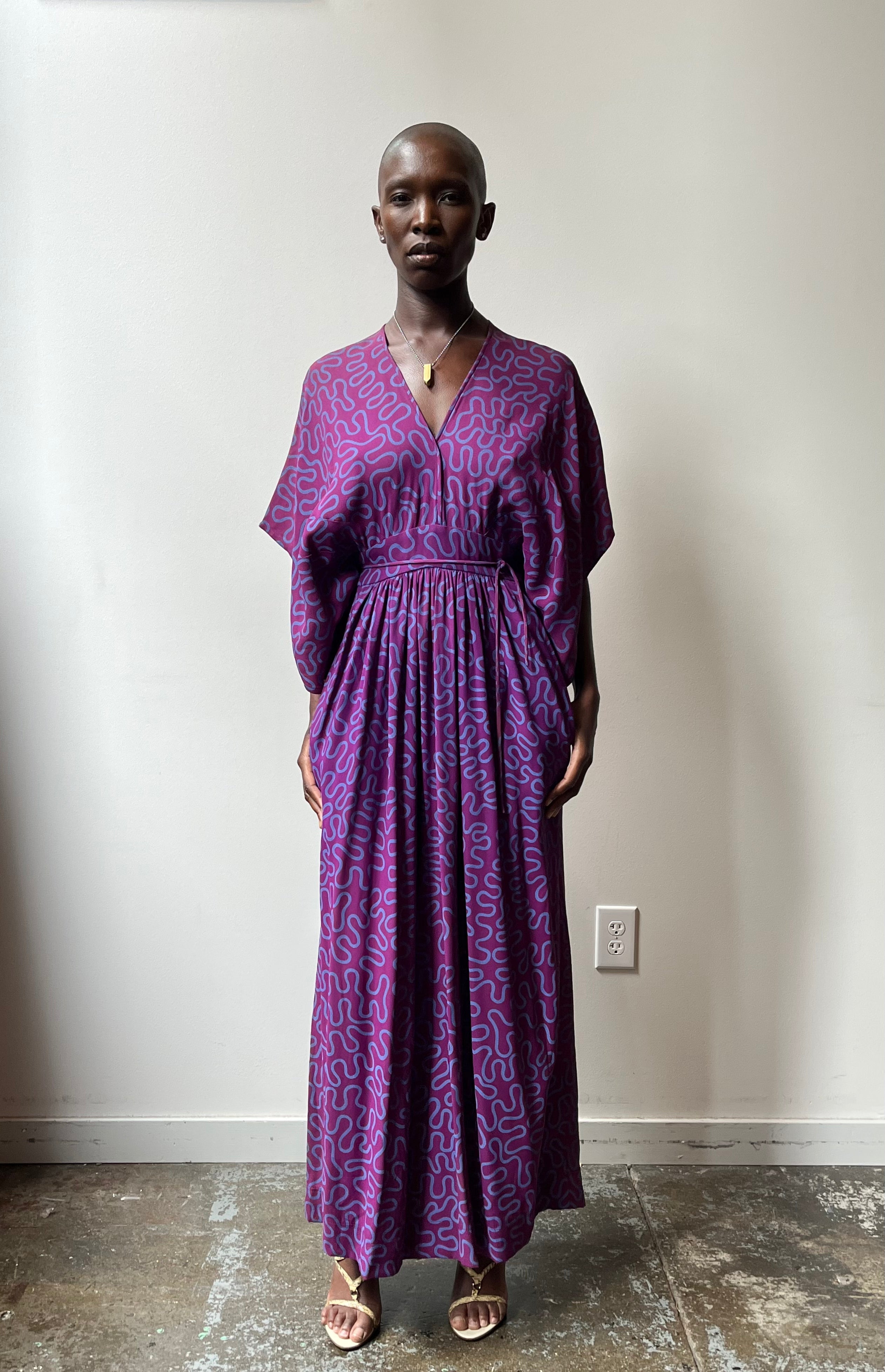 Zandra Rhodes Violet Squiggle Print Rayon Crepe Maxi Dress Moore Vintage Archive