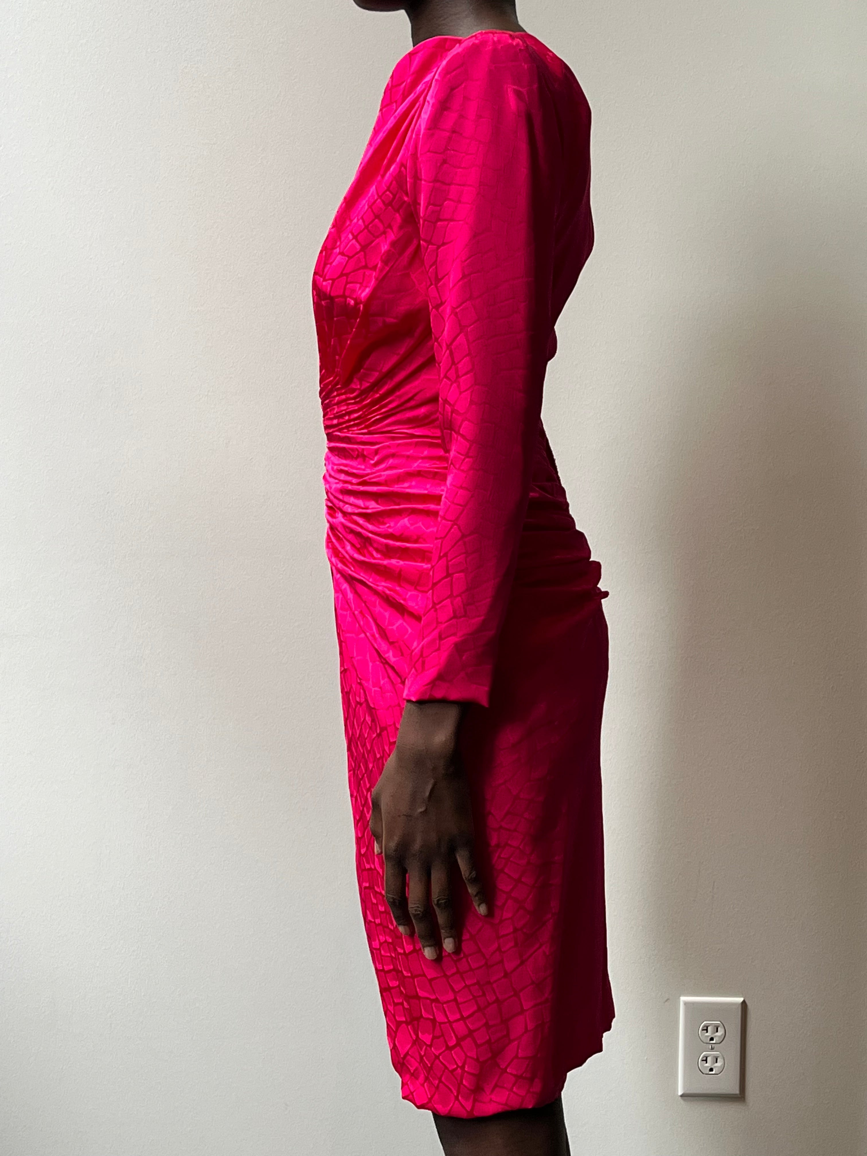 Vicky Tiel Couture Hot Pink Silk Ruched Dress