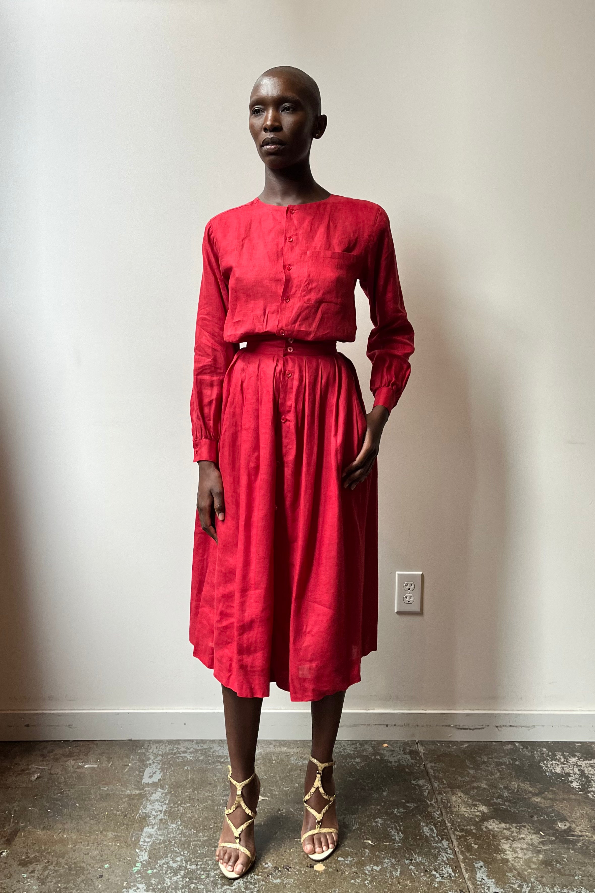 Calvin Klein red linen pleated skirt set Moore Vintage Archive