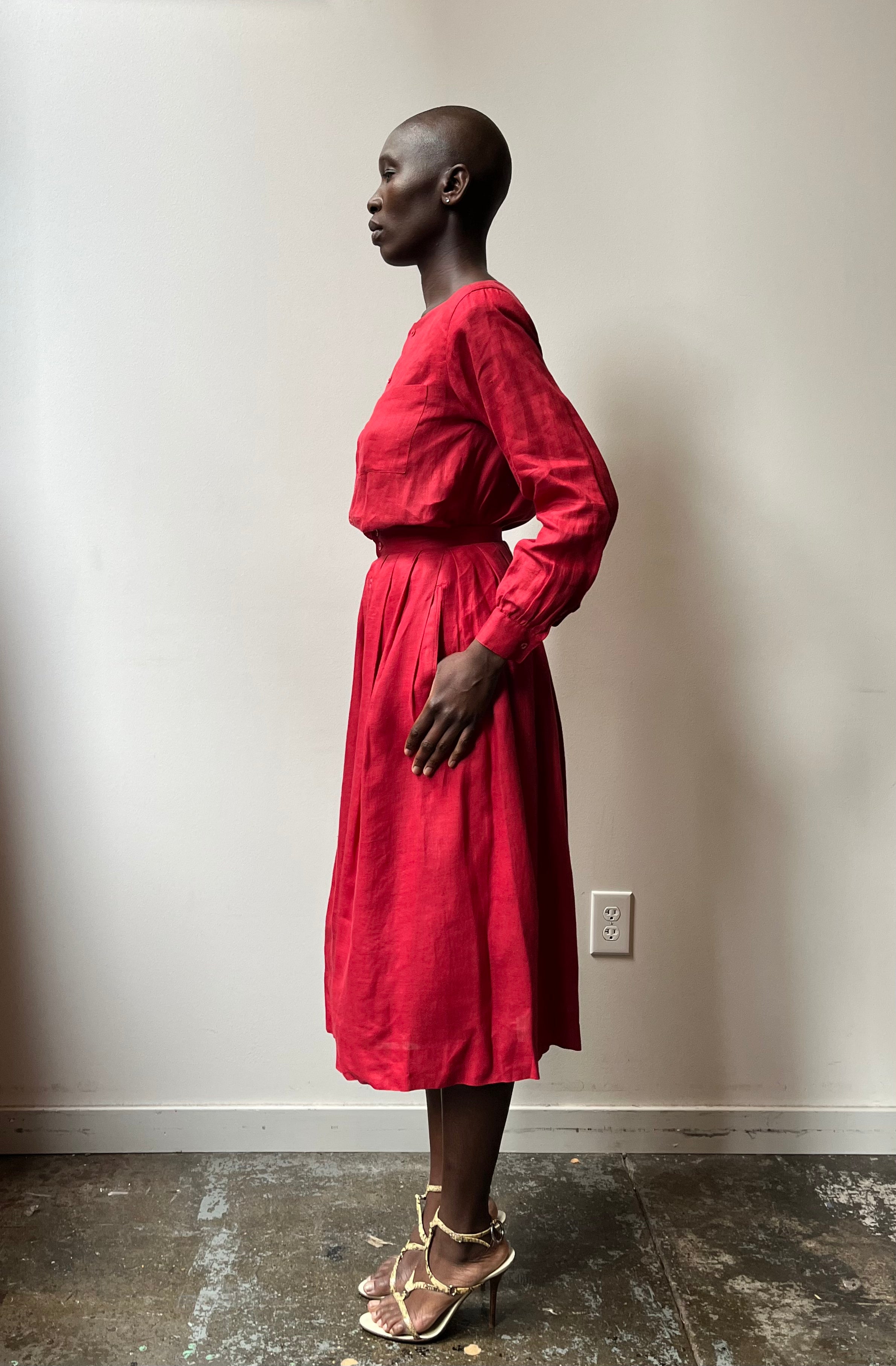 Calvin Klein red linen pleated skirt set