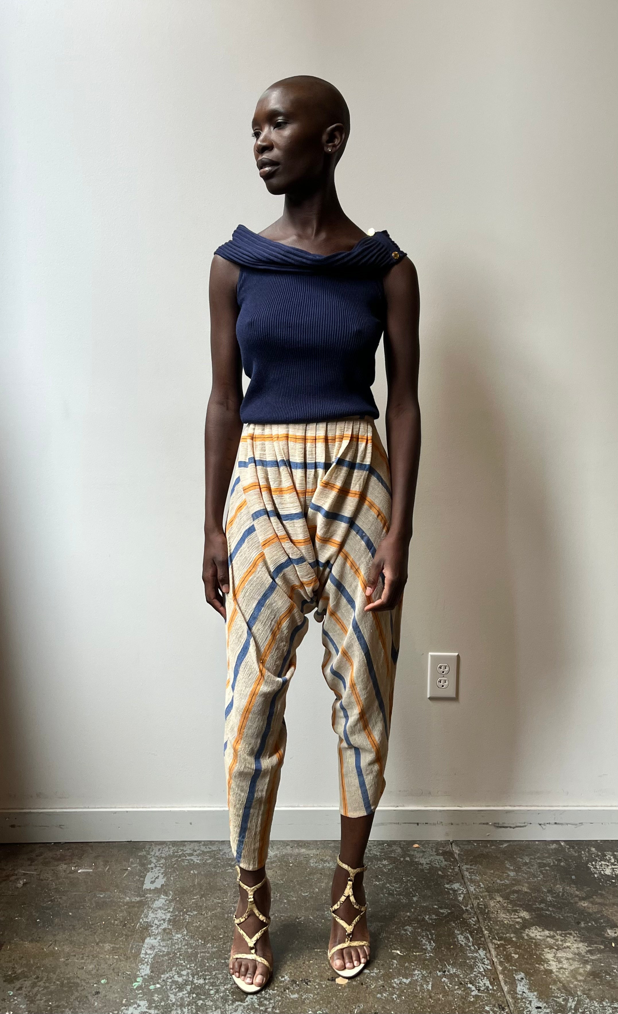Norma Kamali New York beige striped linen blend harem pants Norma Kamali New York beige striped linen blend harem pants