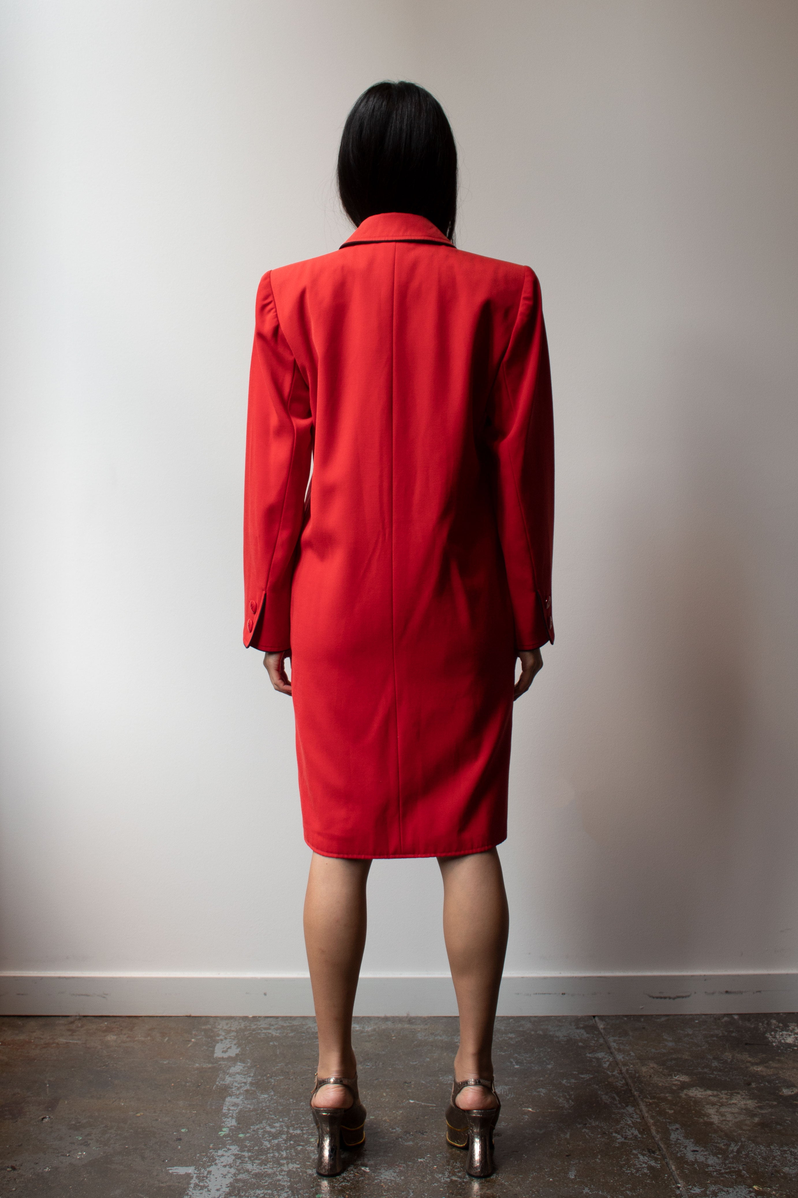 Yves Saint Laurent red double breasted trench with black trim