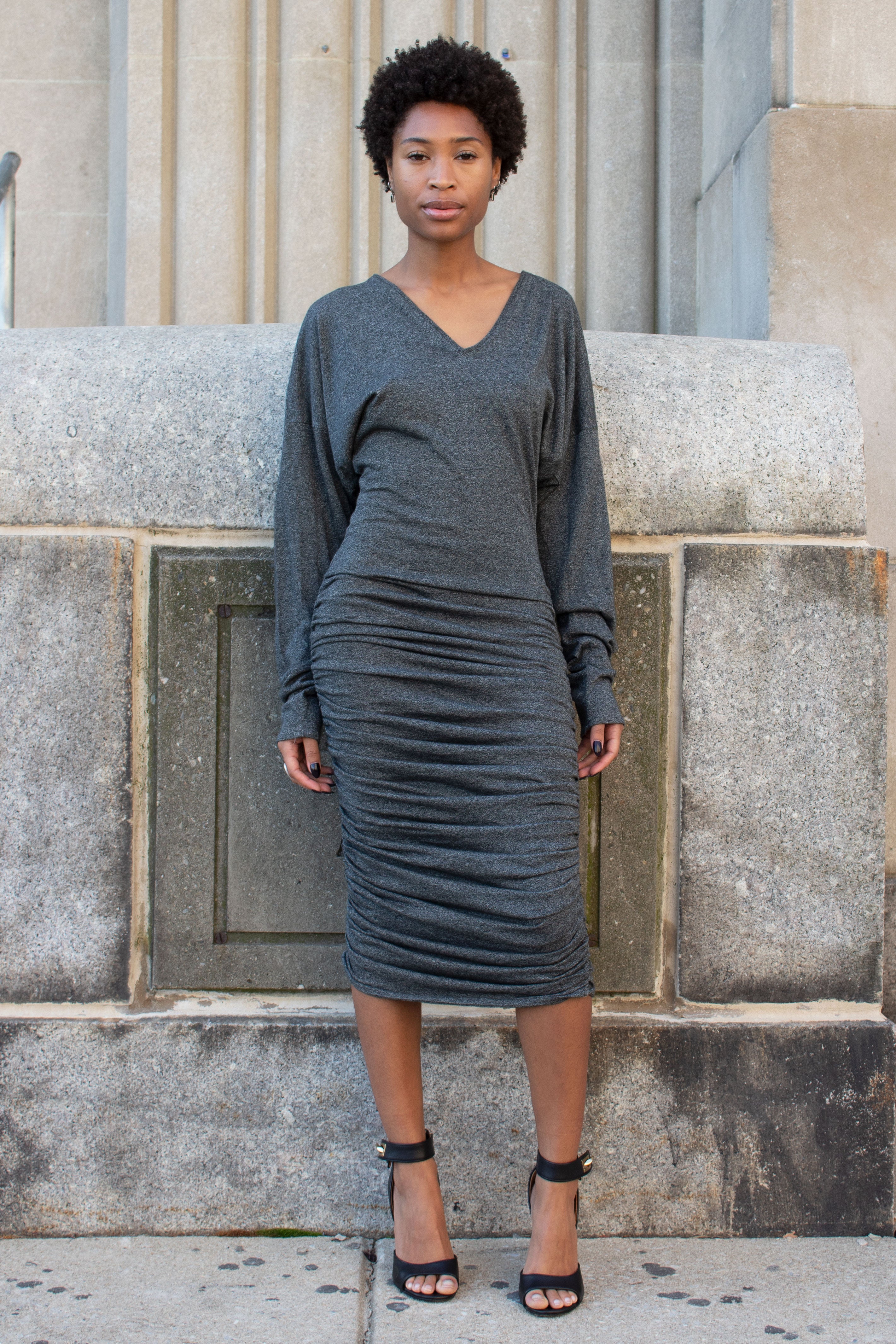 grey ruched midi dress AGOLDE Draped Overlay Raglan Sleeve Mini Dress in Grey