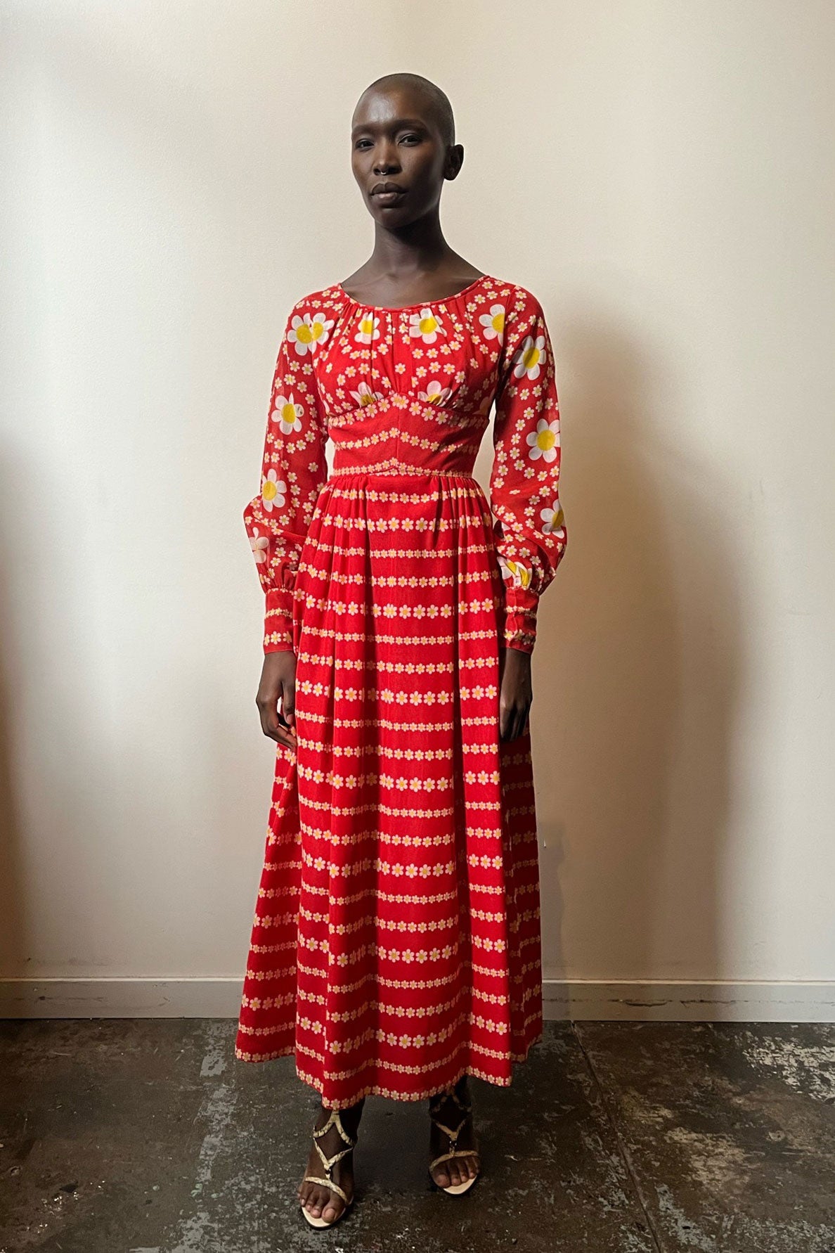 Vintage 1960s red cotton blend daisy print maxi dress