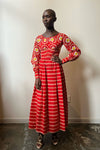 Vintage 1960s red cotton blend daisy print maxi dress