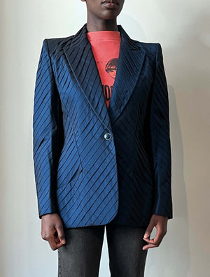 Givenchy Couture by Alexander Mcqueen deadstock metallic blue pleated blazer