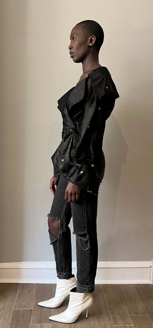 Pilar Rossi for Neiman Marcus black and bronze silk wrap top